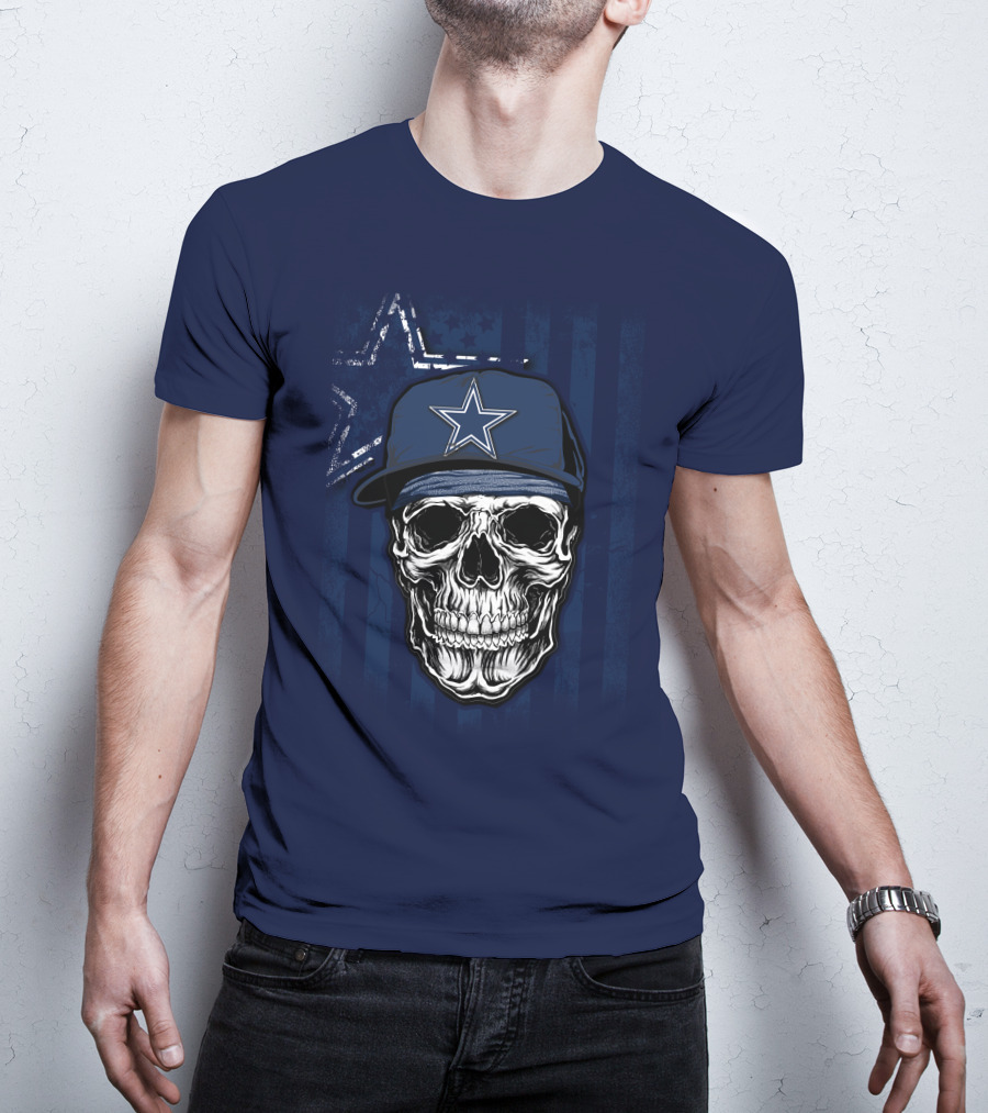 Skull Dallas Cowboys Star Cap With Stripes Background T-Shirt