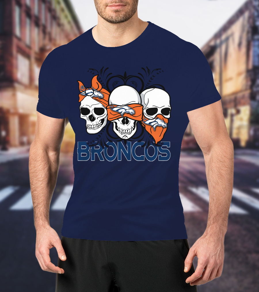 Broncos 3 Skull Bandana Denver Fans T-Shirt