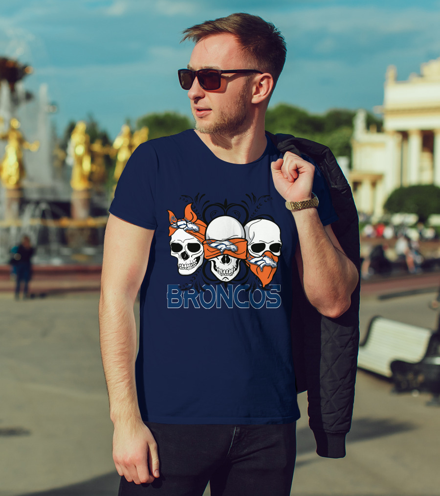 Broncos 3 Skull Bandana Denver Fans T-Shirt
