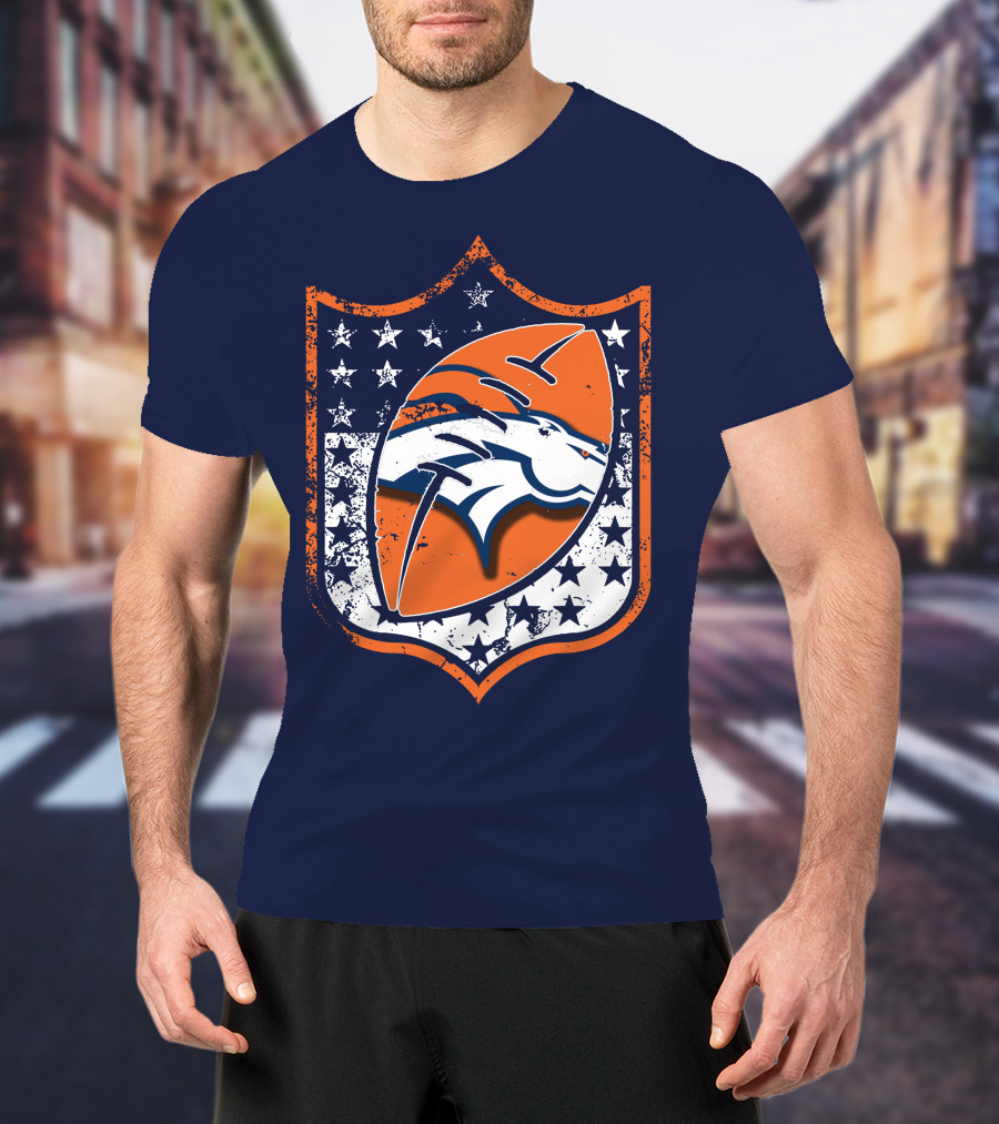 Denver Broncos Vintage Logo With Stars And Orange Shield T-Shirt