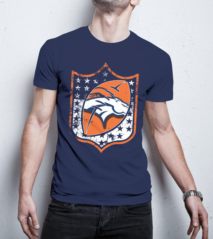 Denver Broncos Vintage Logo With Stars And Orange Shield T-Shirt