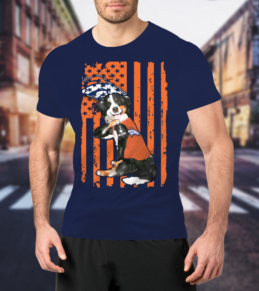 Border Collie I Love Mom Denver Broncos Fan Puppy With Flag T-Shirt