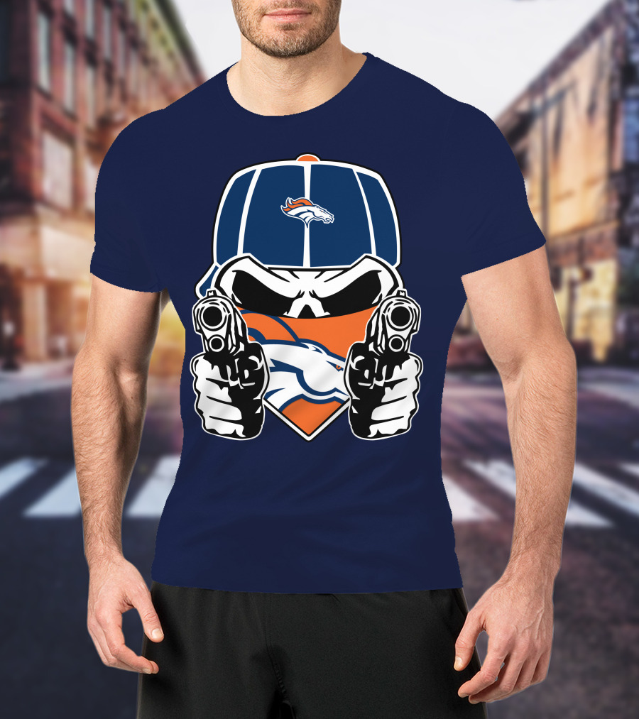 Denver Broncos Skull Bandana Dual Guns T-Shirt