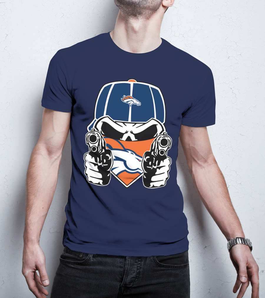 Denver Broncos Skull Bandana Dual Guns T-Shirt