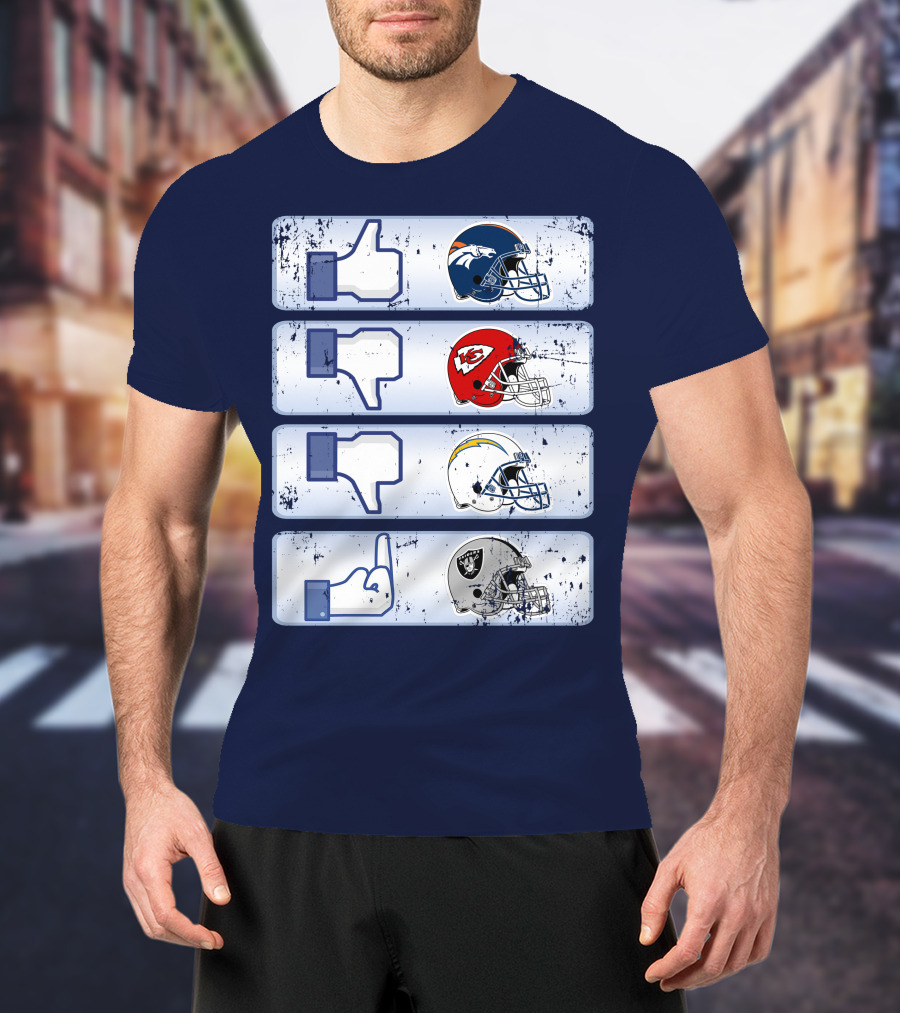 Denver Broncos Chiefs Chargers Raiders Football Helmets Social Media Like Dislike T-Shirt