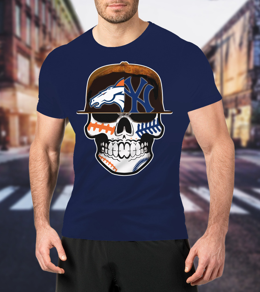 Denver Broncos New York Yankees Skull Sports Fusion T-Shirt