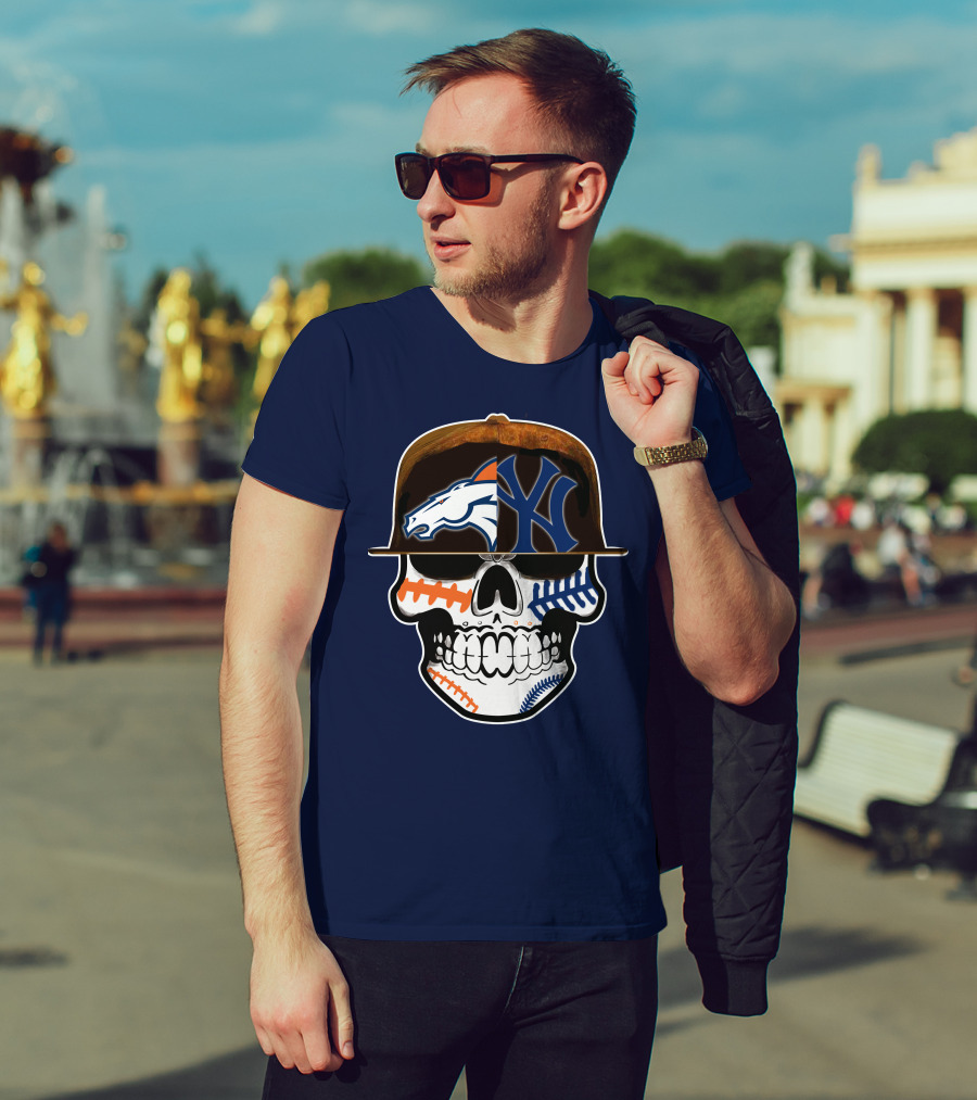 Denver Broncos New York Yankees Skull Sports Fusion T-Shirt