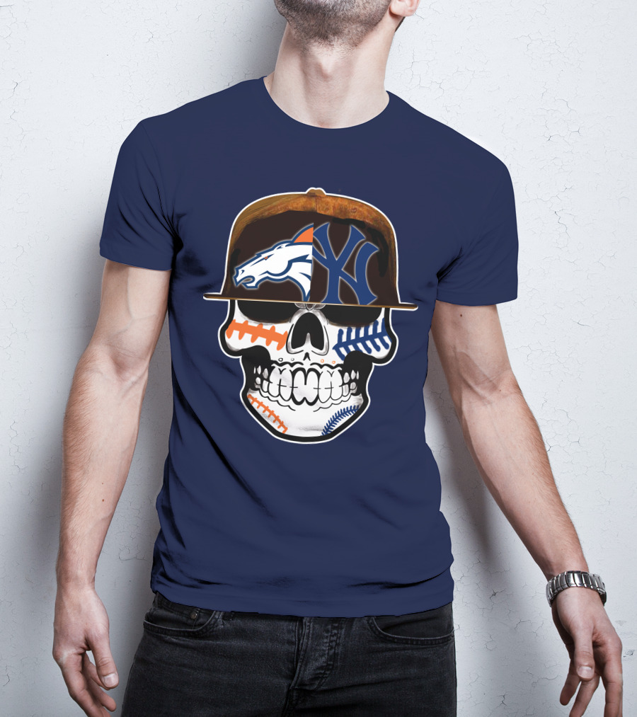 Denver Broncos New York Yankees Skull Sports Fusion T-Shirt
