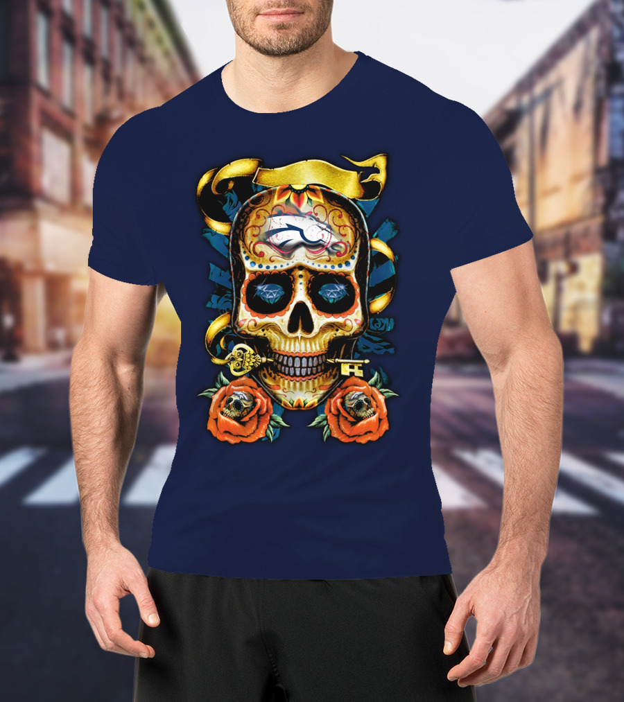 Denver Broncos 42 Sugar Skull Roses Key Ribbon T-Shirt