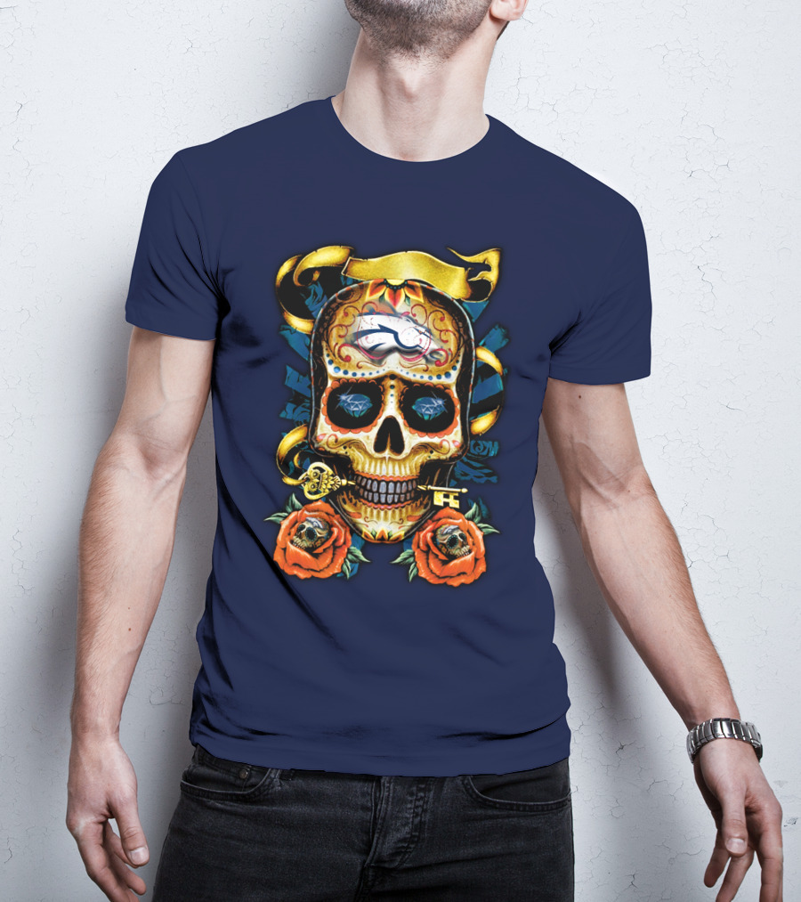 Denver Broncos 42 Sugar Skull Roses Key Ribbon T-Shirt