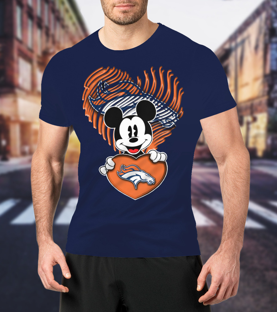 Mickey Mouse Holding Denver Broncos Logo Heart With Bronco Horse Outline T-Shirt