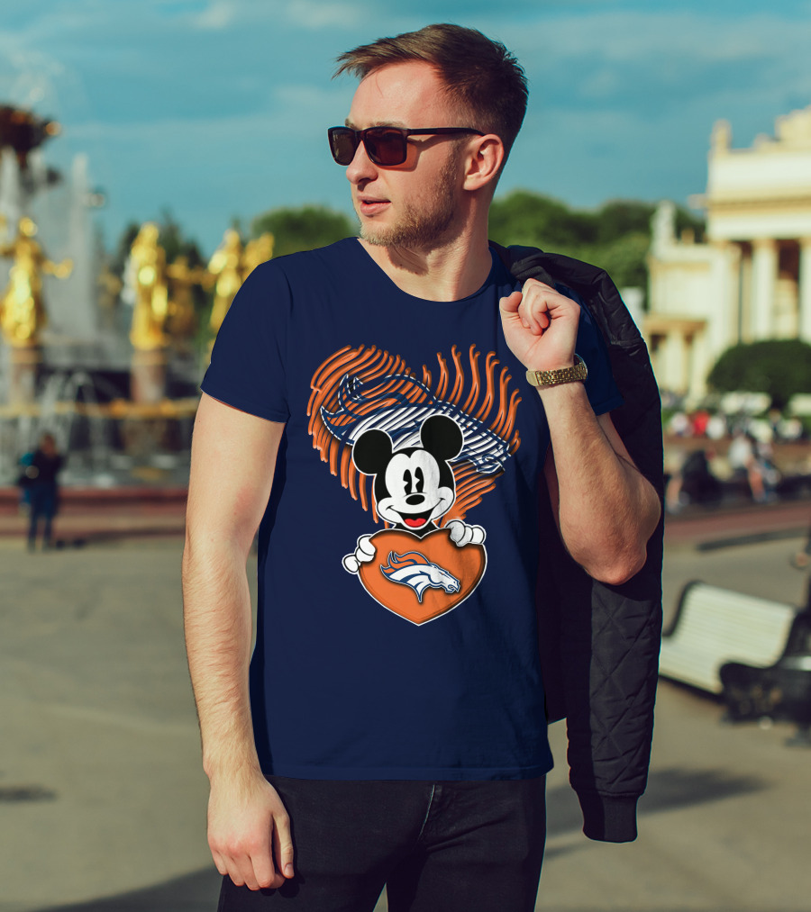 Mickey Mouse Holding Denver Broncos Logo Heart With Bronco Horse Outline T-Shirt
