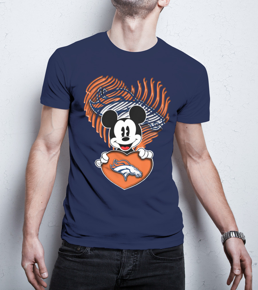 Mickey Mouse Holding Denver Broncos Logo Heart With Bronco Horse Outline T-Shirt