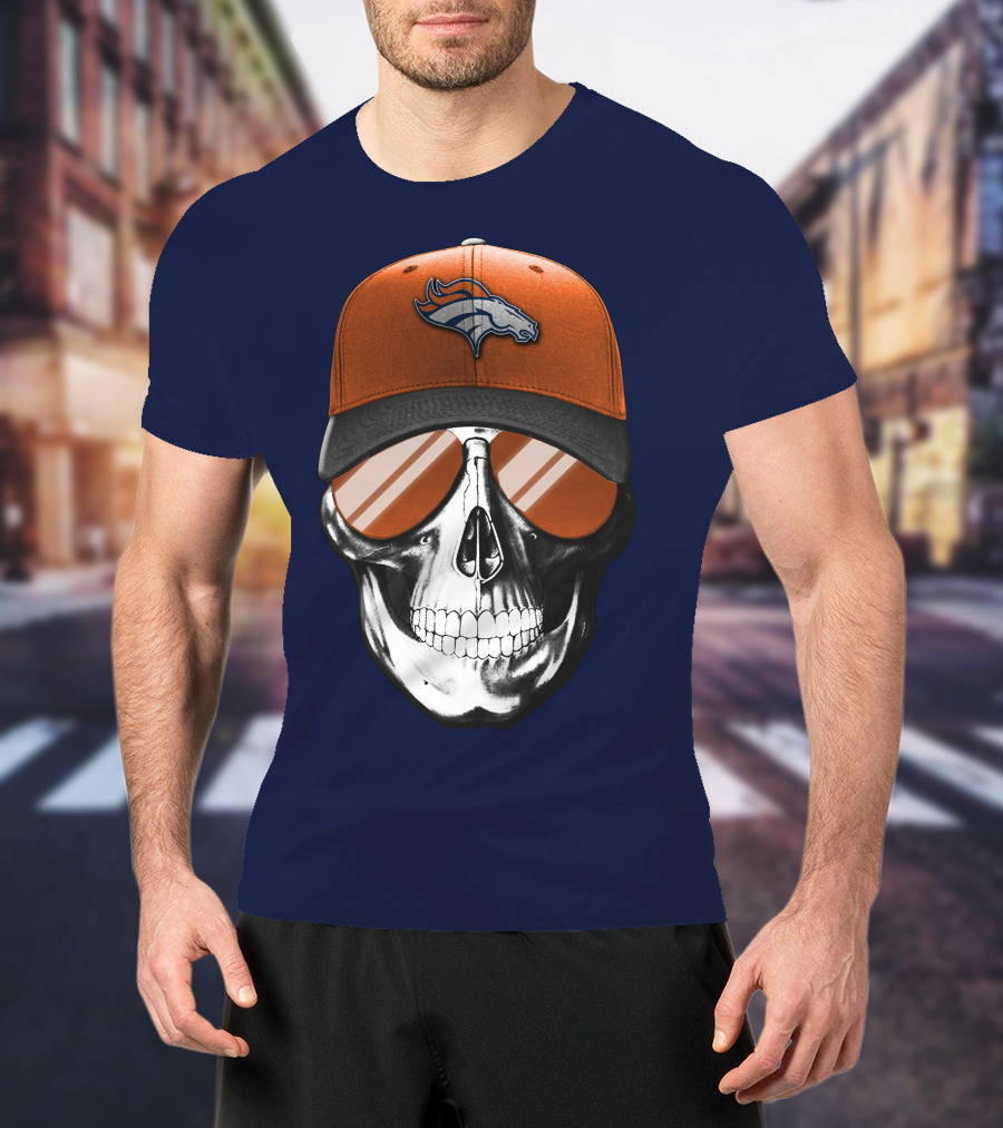 Skull V7 Denver Broncos Cap And Sunglasses T-Shirt