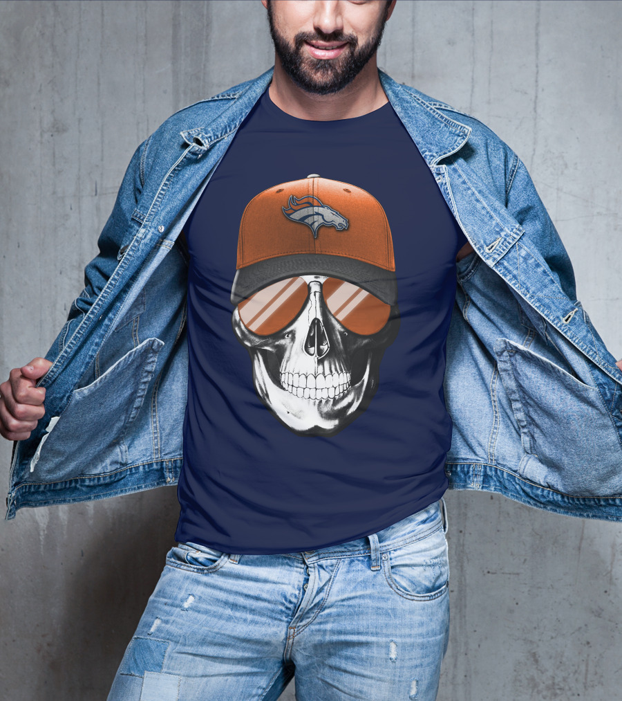 Skull V7 Denver Broncos Cap And Sunglasses T-Shirt