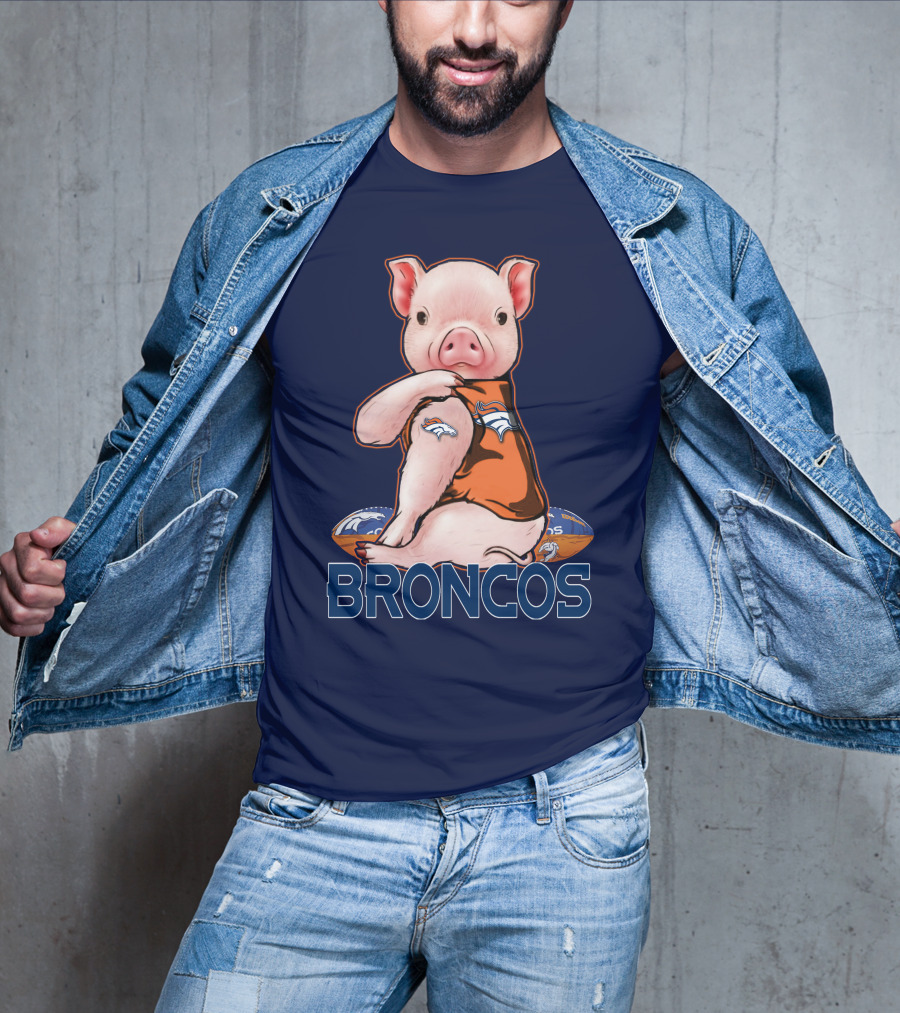 Pig Wearing Denver Broncos Jersey On Football With Broncos T-Shirt