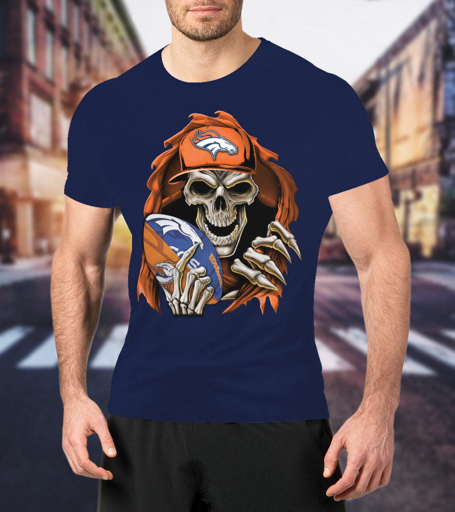 Skullbong Denver Broncos Skeleton Holding Football With Team Logo Helmet And Cap T-Shirt