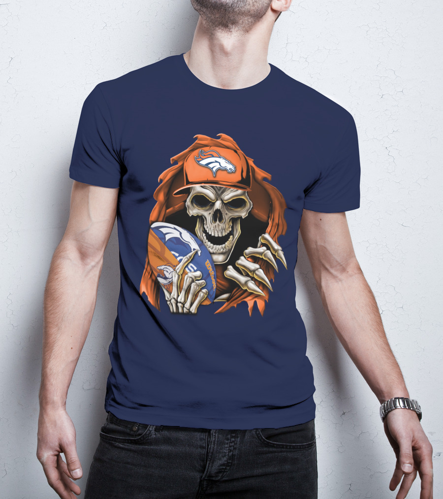 Skullbong Denver Broncos Skeleton Holding Football With Team Logo Helmet And Cap T-Shirt