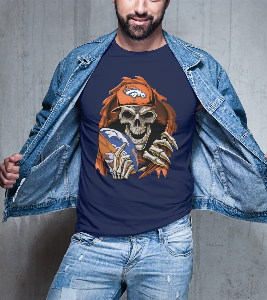 Skullbong Denver Broncos Skeleton Holding Football With Team Logo Helmet And Cap T-Shirt