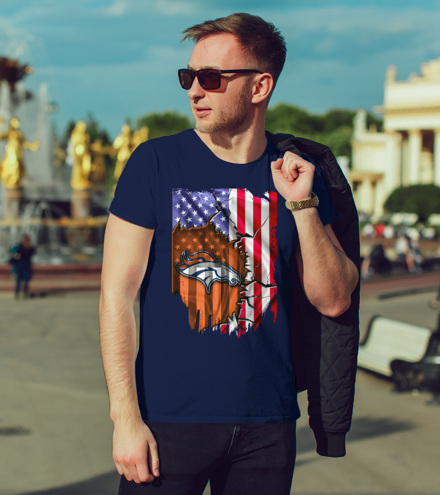 Flag V2 Denver Broncos American Flag Rip Style T-Shirt