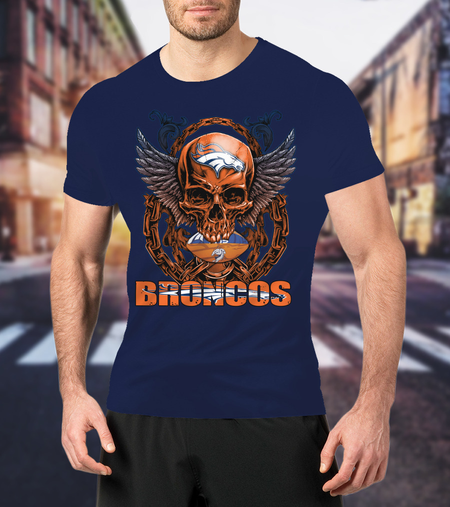 Skullfb Denver Broncos Winged Skull Football Chain T-Shirt
