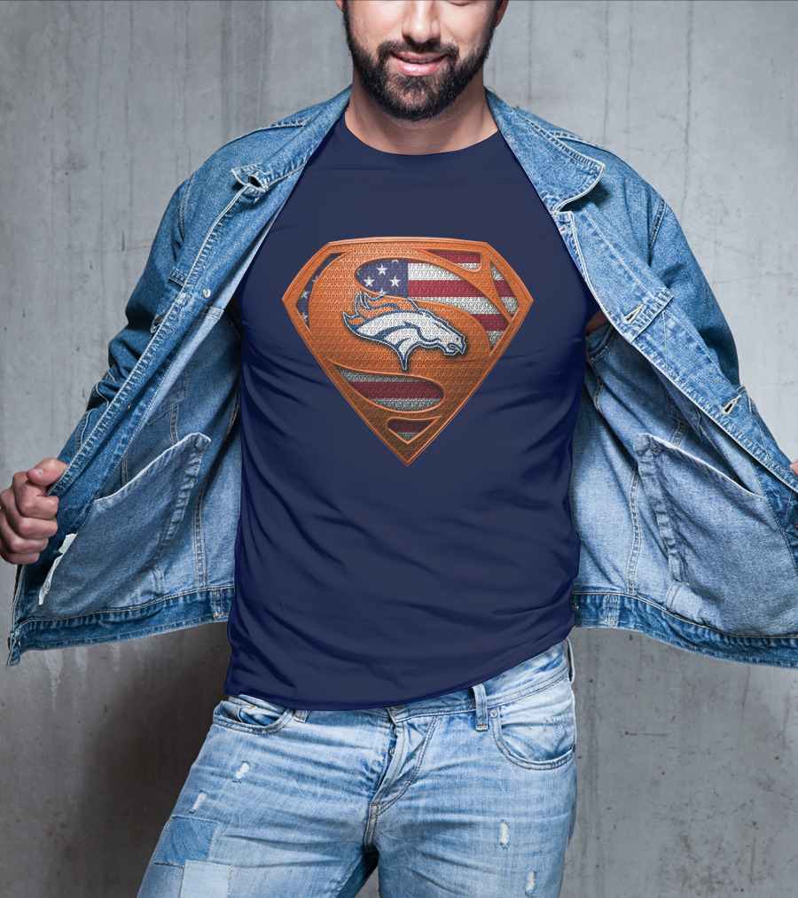 Denver Broncos Superhero Shield American Flag T-Shirt