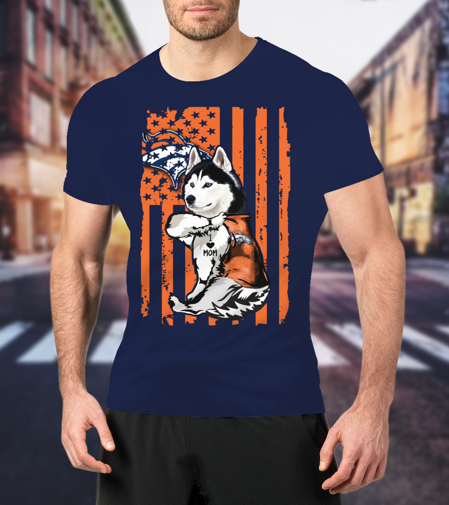 Siberian Husky Mom Denver Broncos Fan Usa Flag T-Shirt