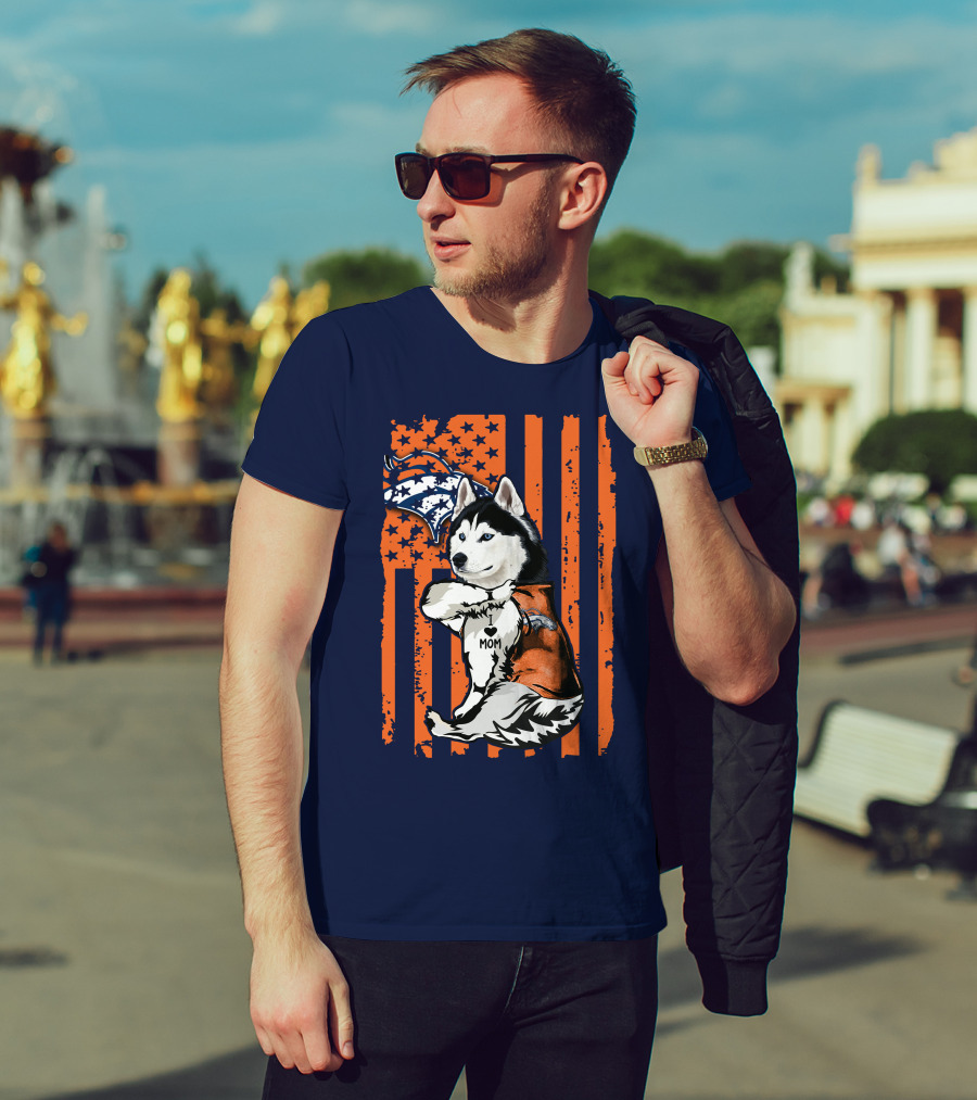 Siberian Husky Mom Denver Broncos Fan Usa Flag T-Shirt