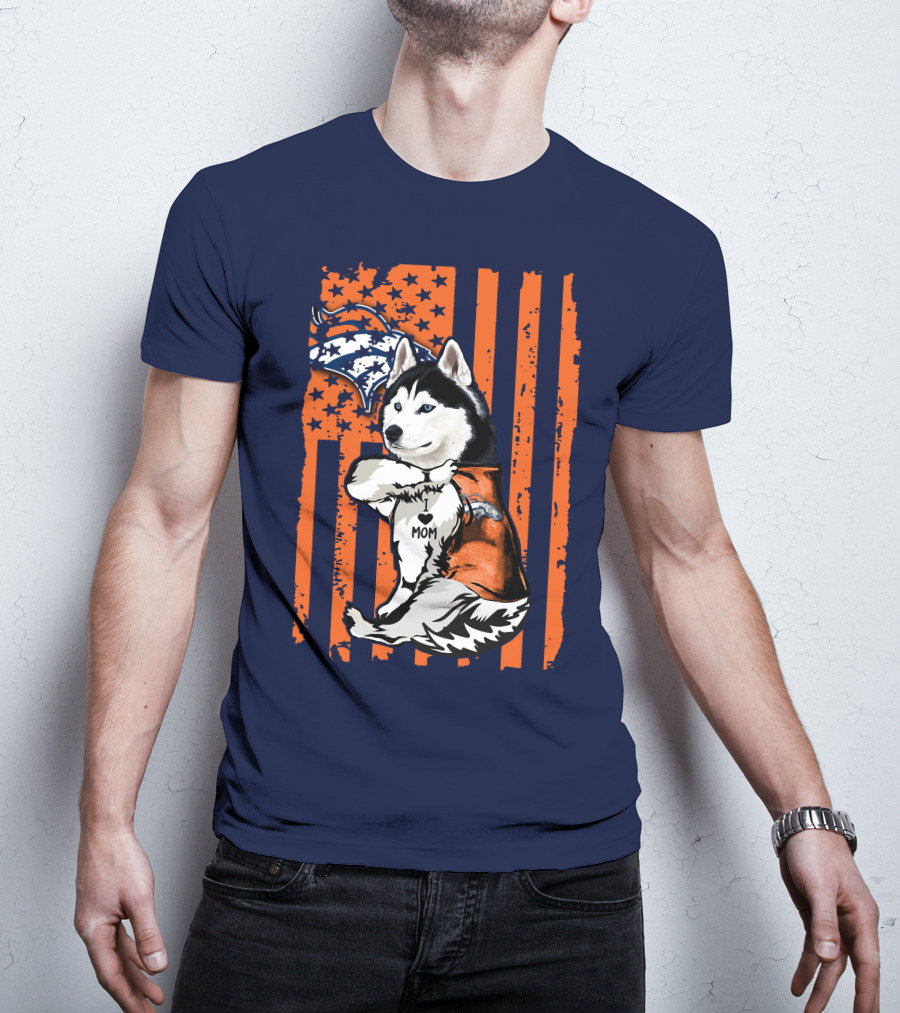 Siberian Husky Mom Denver Broncos Fan Usa Flag T-Shirt