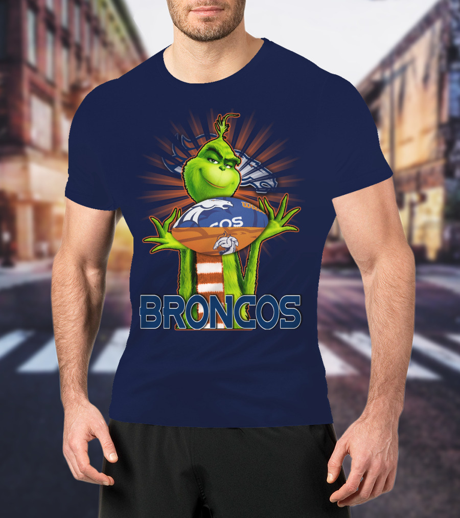 Grinch Holding Denver Broncos Football T-Shirt