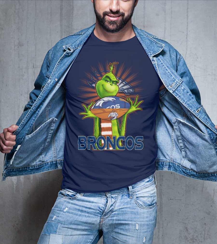 Grinch Holding Denver Broncos Football T-Shirt