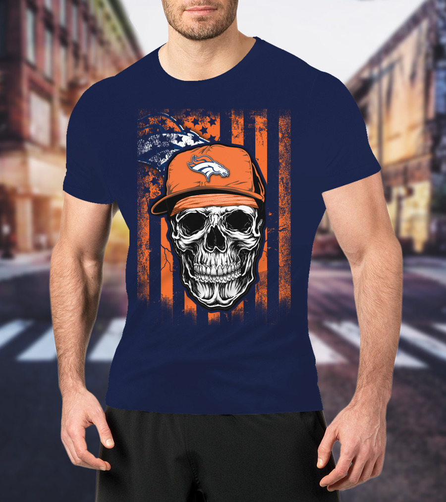 Skull V1 Denver Broncos Flag Style Football Skull Cap T-Shirt