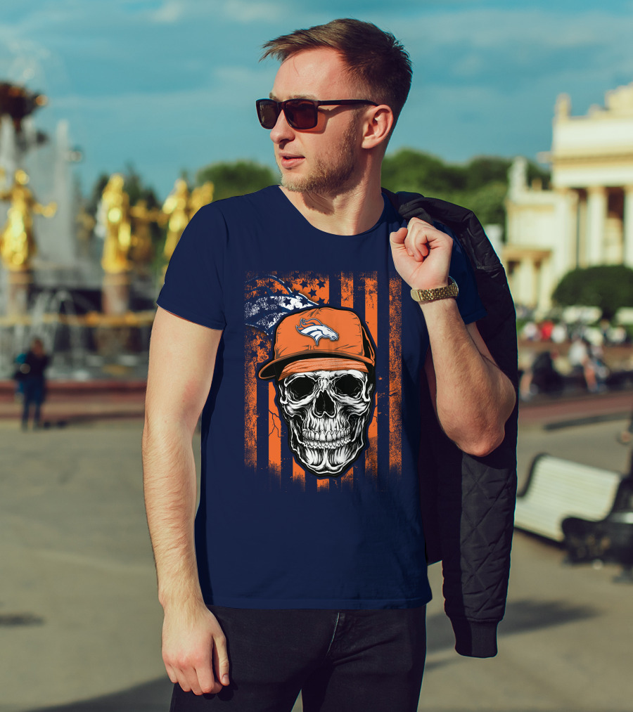 Skull V1 Denver Broncos Flag Style Football Skull Cap T-Shirt