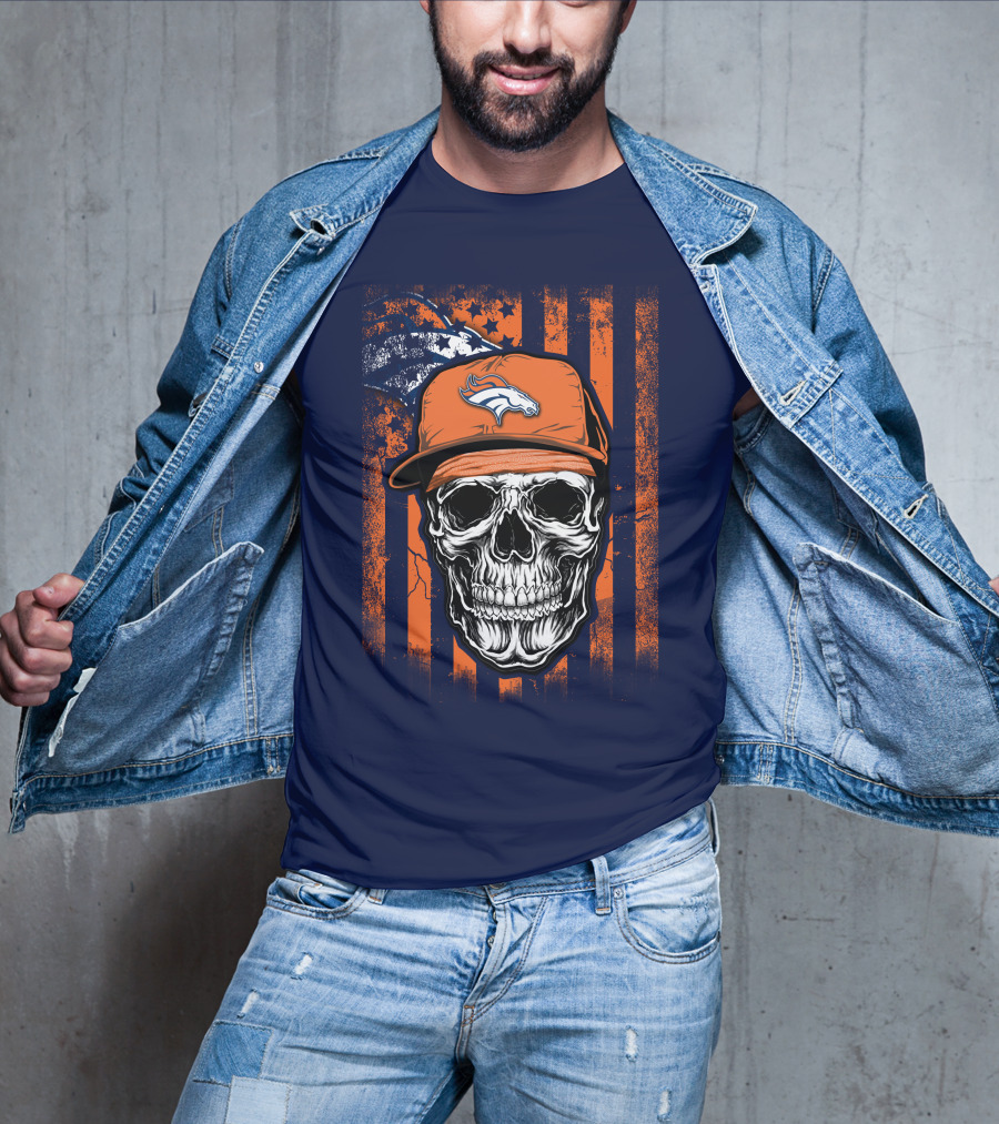 Skull V1 Denver Broncos Flag Style Football Skull Cap T-Shirt