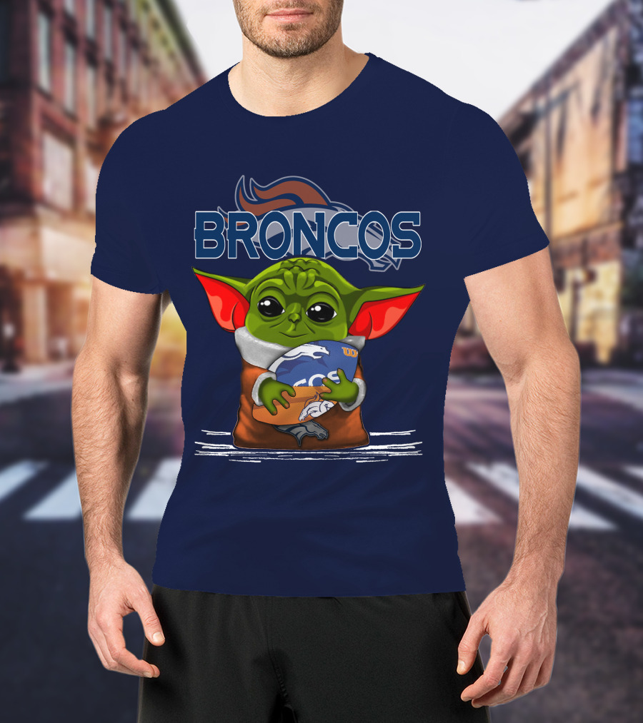 Yoda Holding Denver Broncos Logo With Baby Alien In Orange Robe T-Shirt