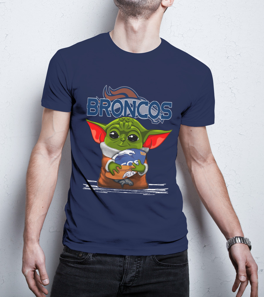 Yoda Holding Denver Broncos Logo With Baby Alien In Orange Robe T-Shirt