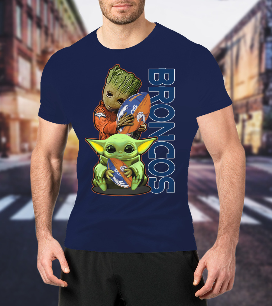 Grzd Denver Broncos Groot And Baby Yoda Holding Broncos Football T-Shirt