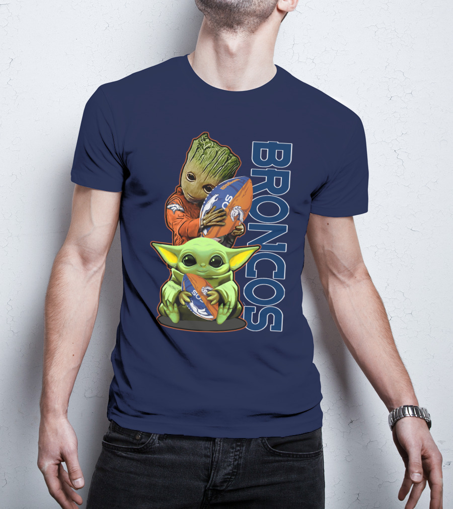 Grzd Denver Broncos Groot And Baby Yoda Holding Broncos Football T-Shirt