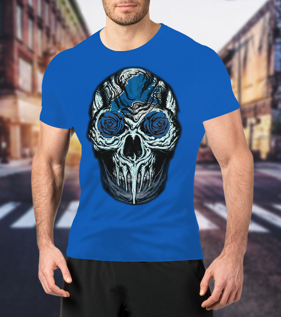 Detroit Lions 57 Skull Blue Roses T-Shirt
