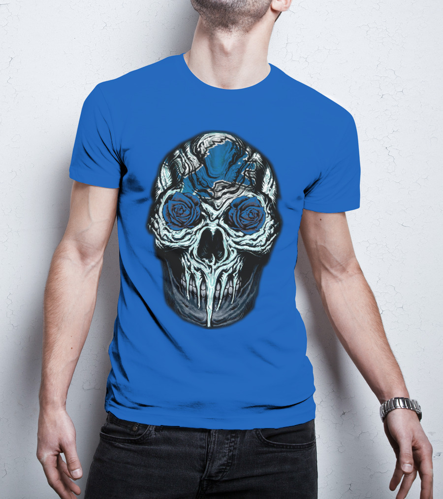 Detroit Lions 57 Skull Blue Roses T-Shirt