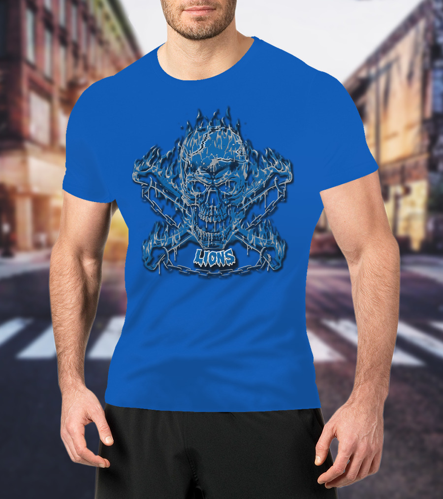 Detroit Lions Skull And Crossbones Fiery Blue T-Shirt