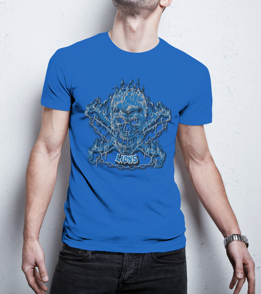 Detroit Lions Skull And Crossbones Fiery Blue T-Shirt