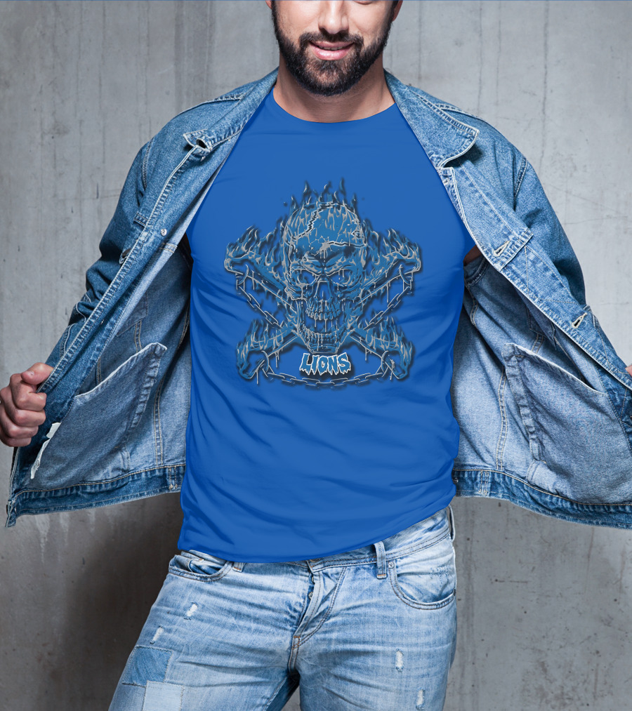 Detroit Lions Skull And Crossbones Fiery Blue T-Shirt