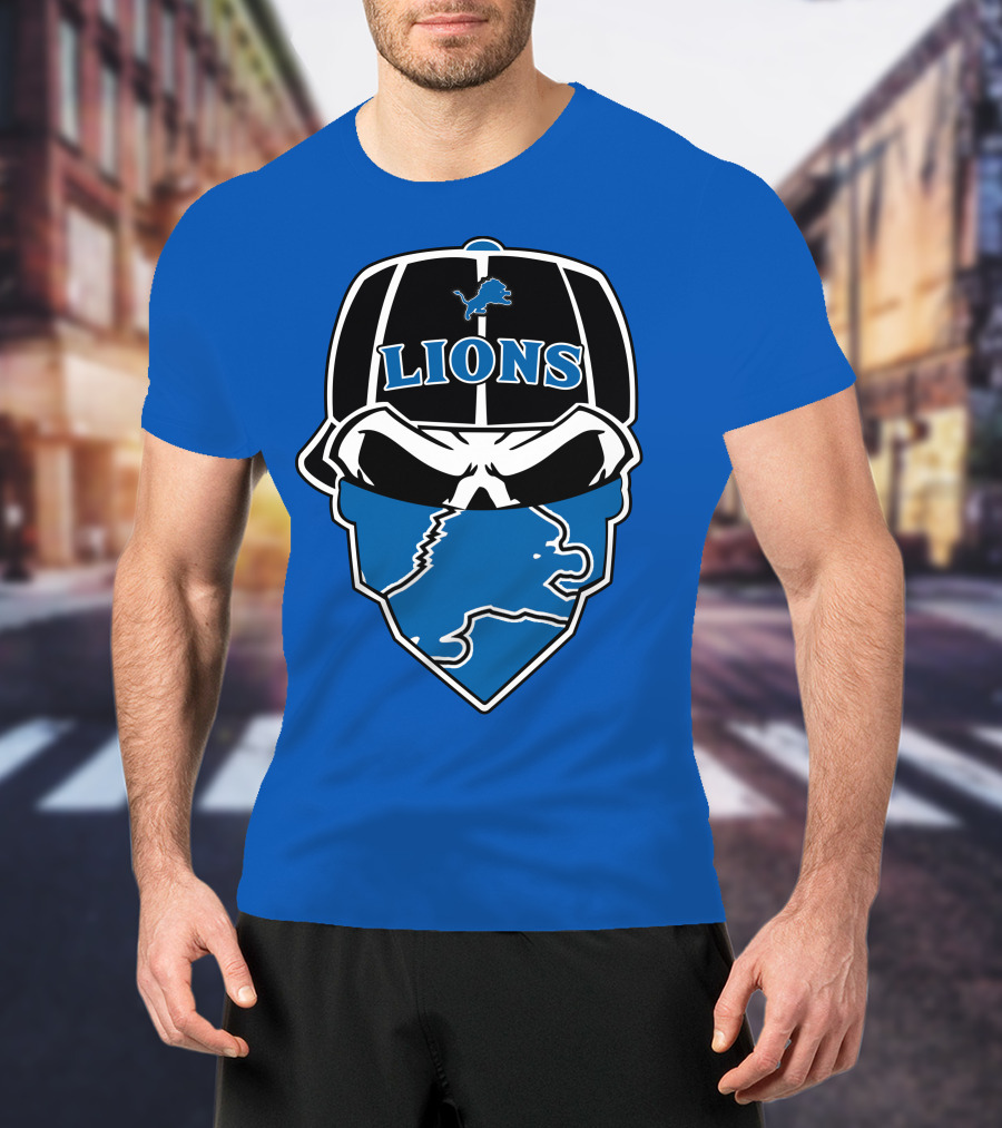 Detroit Lions Skull Bandana Cap Logo Blueprint T-Shirt