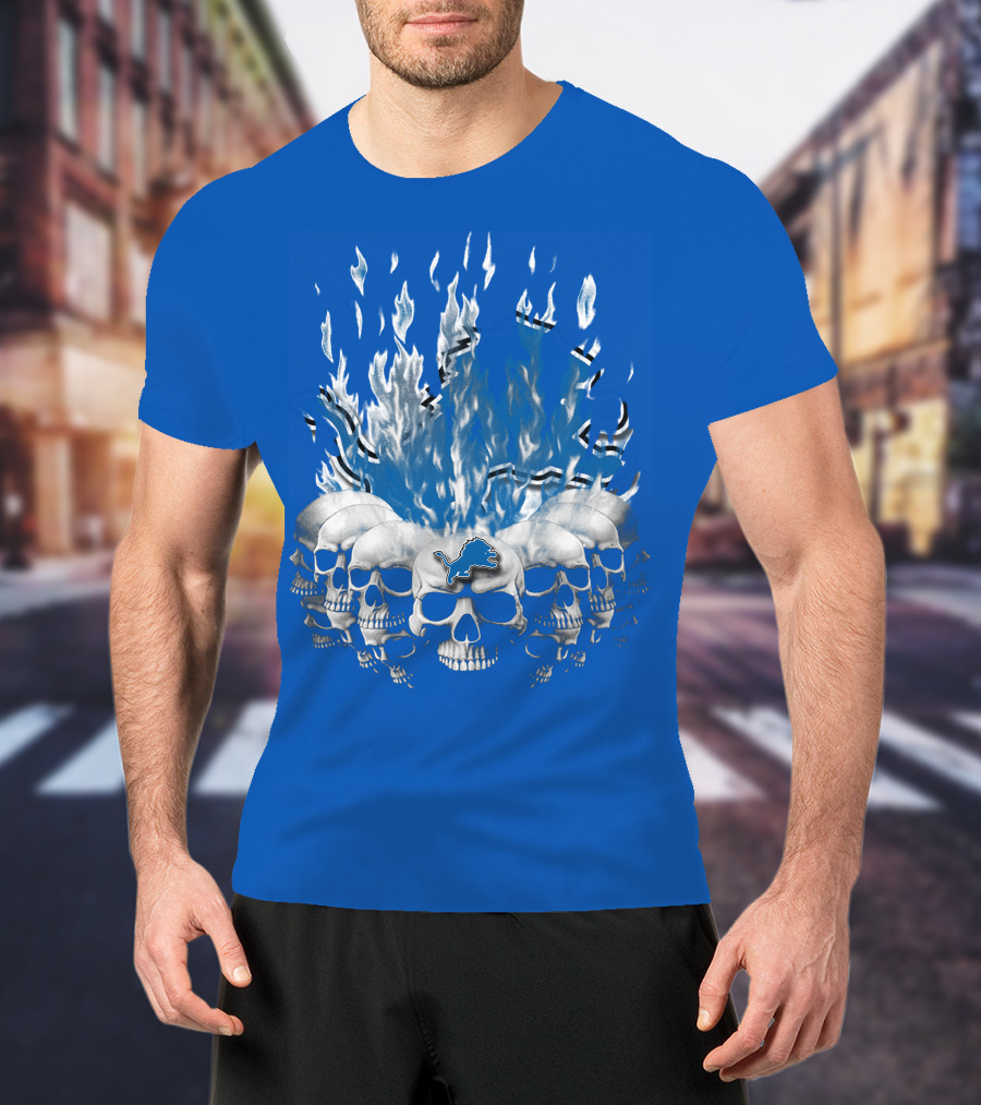 Detroit Lions 16 Flaming Skulls T-Shirt