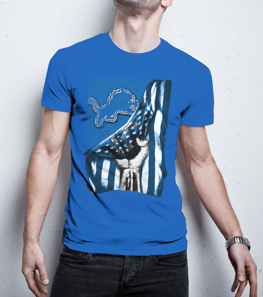 Flag V1 Detroit Lions Blue And White Stars And Stripes Fist T-Shirt