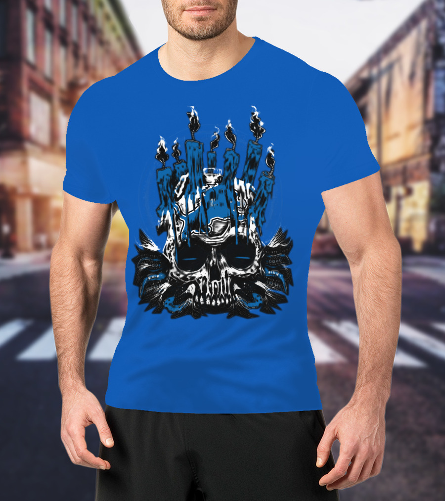 Detroit Lions Skull With Blue Flames And Candles T-Shirt