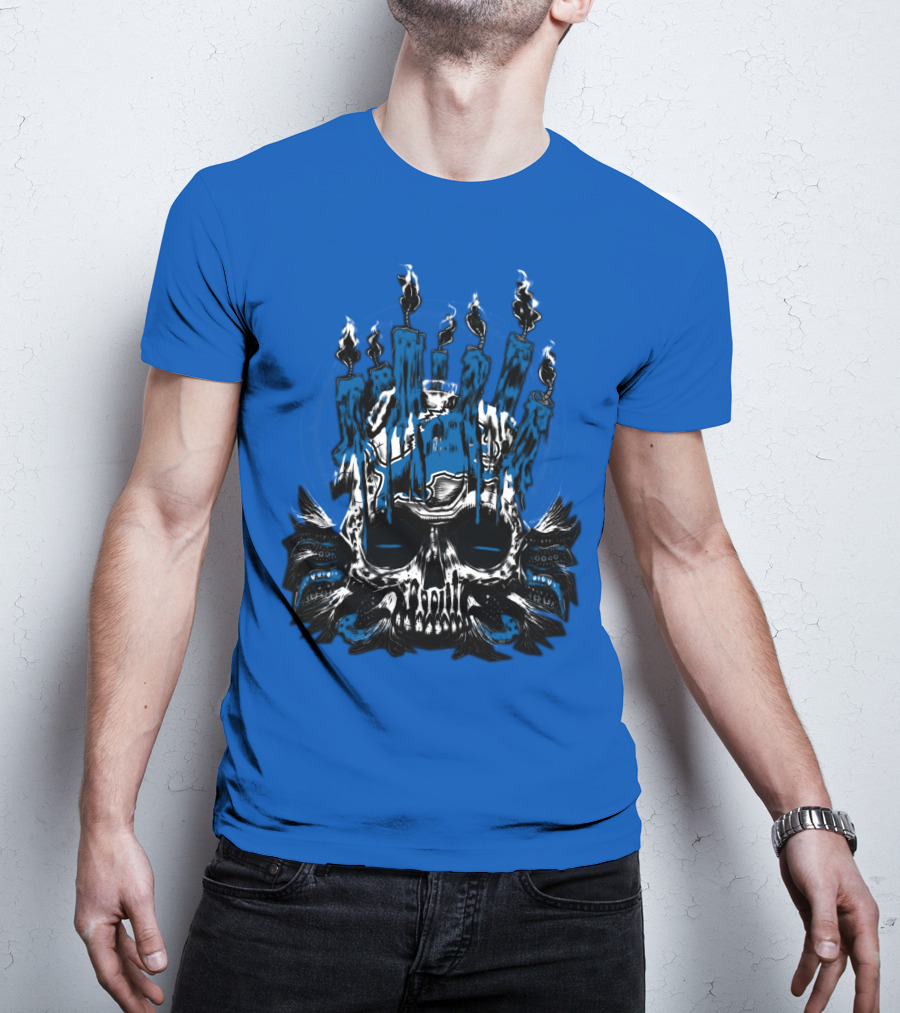 Detroit Lions Skull With Blue Flames And Candles T-Shirt