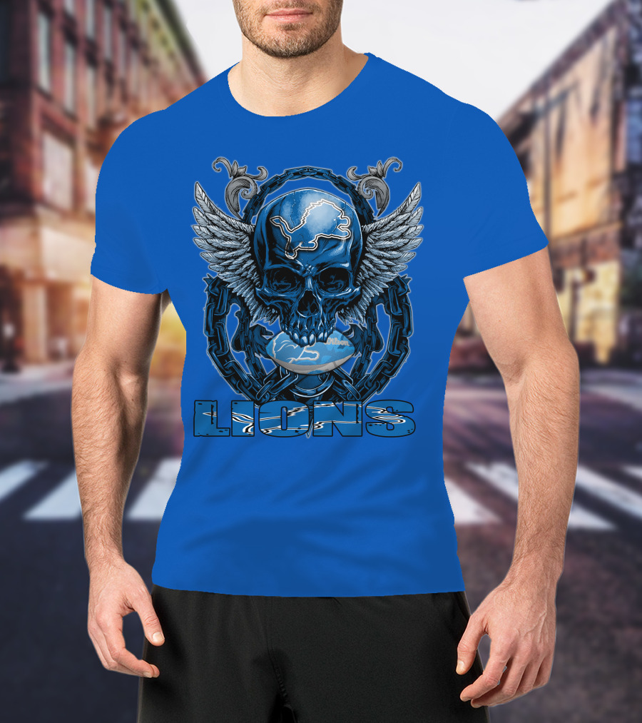 Winged Skull Detroit Lions Emblem Blue Silver Chains T-Shirt