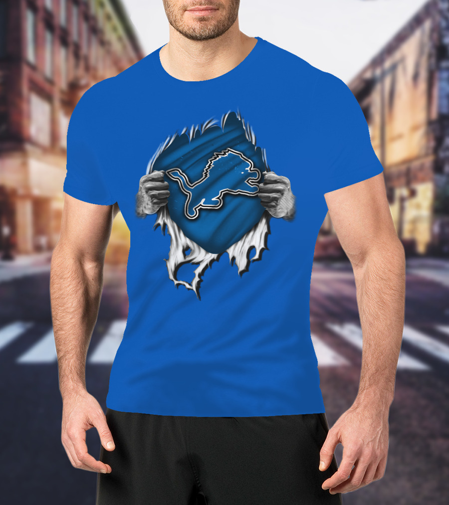 Torn DETROIT LIONS Logo Revealed Through Ripped Blue Fabric T-Shirt